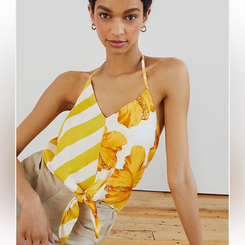 New Anthropologie Farm Rio top Spliced Cami Yellow size M beaded crop halter